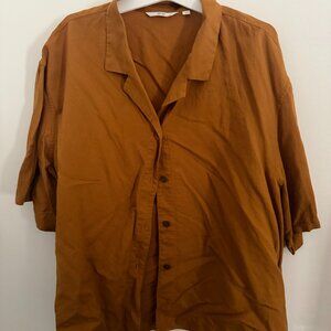 Uniqlo mustard yellow short sleeve boxy size XL button up linen blend shirt